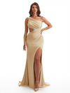 Sexy Asymmetrical Side Slit Mermaid Soft Satin Long Bridesmaid Dresses Online