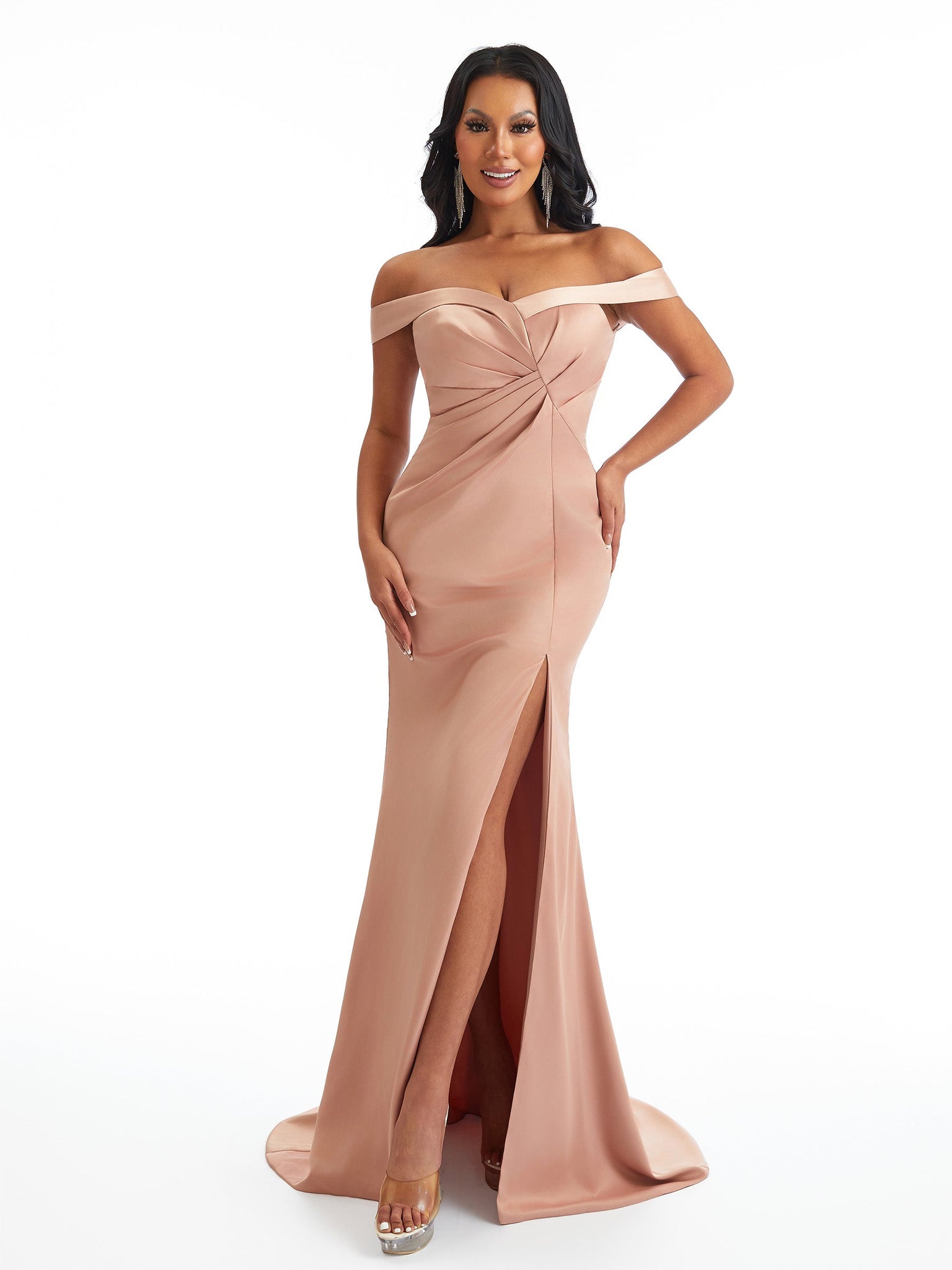 Sexy Off The Shoulder Side Split Mermaid Soft Satin Unique Long Bridesmaid Dresses