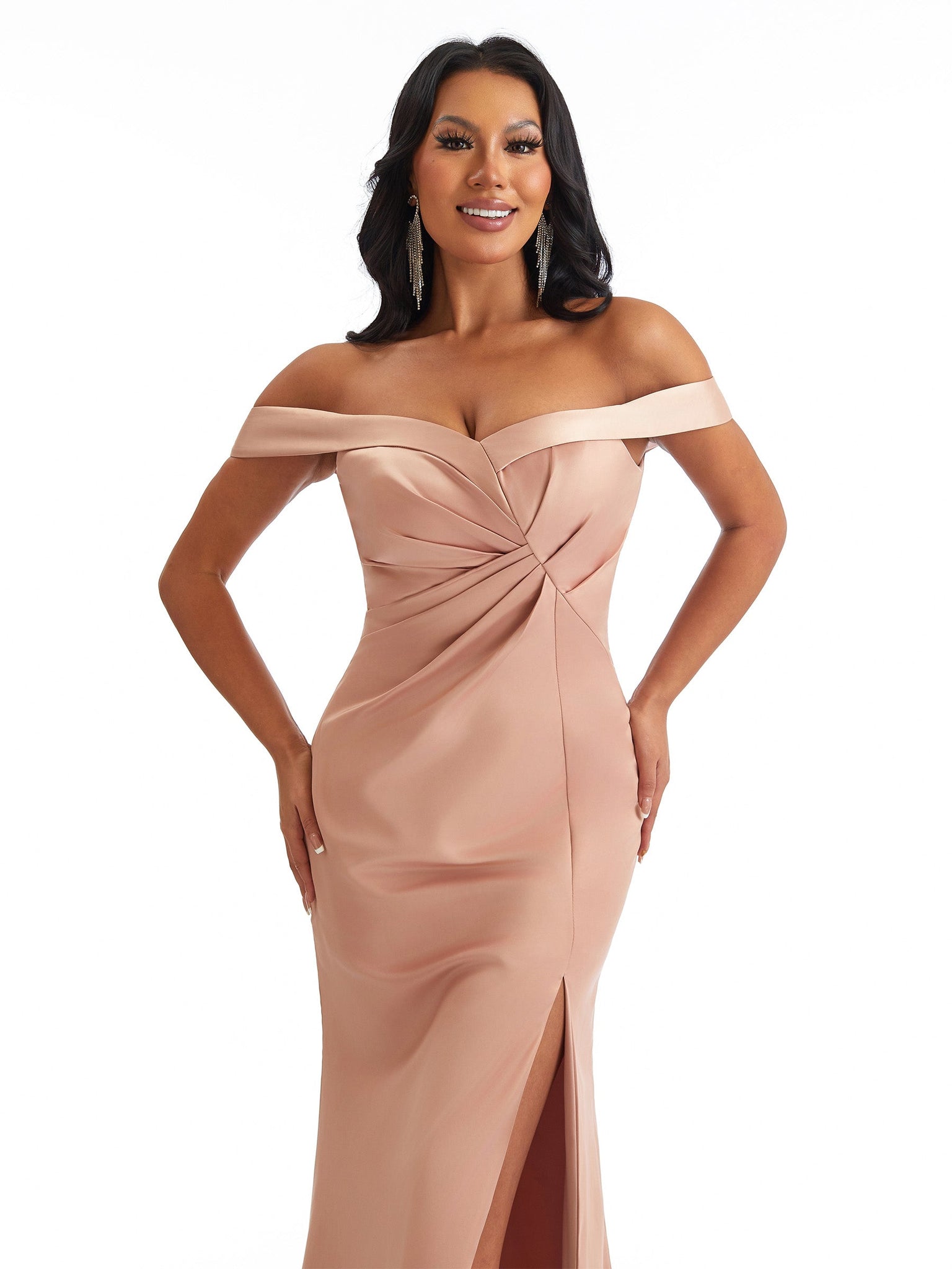 Sexy Off The Shoulder Side Split Mermaid Soft Satin Unique Long Bridesmaid Dresses