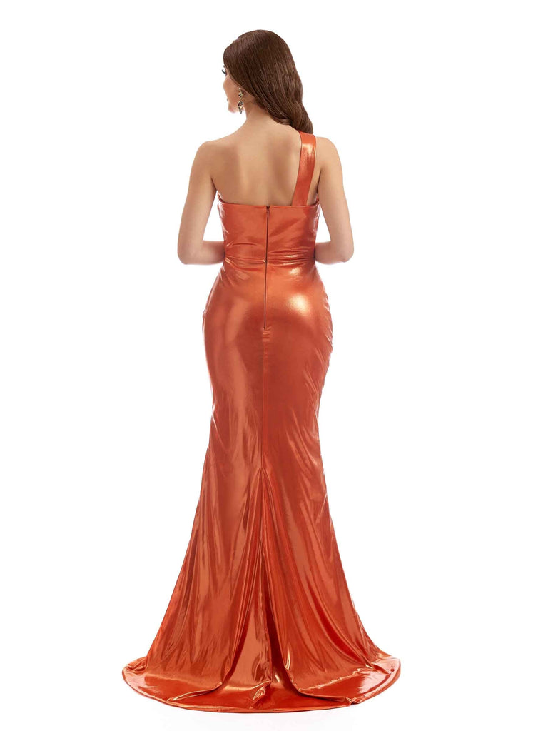 One Shoulder Mermaid Metallic Stretch Shiny Fabric Long Wedding Guest Dresses