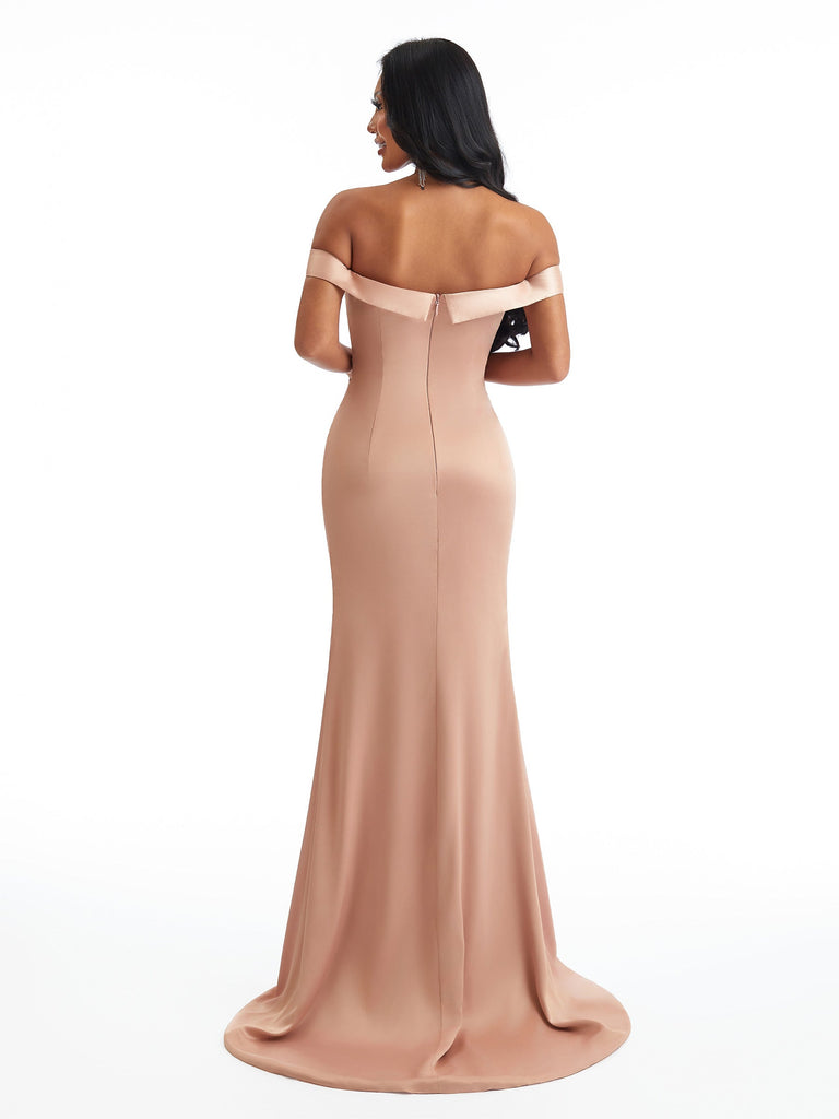 Sexy Off The Shoulder Side Split Mermaid Soft Satin Unique Long Bridesmaid Dresses