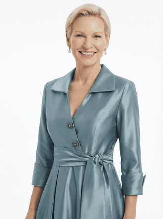 Blazer Collar Satin Mother Of The Bride Dress 3/4 Rolled Sleeves A-Line Maxi Gown