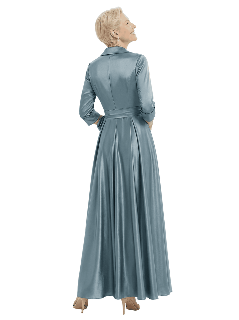 Blazer Collar Satin Mother Of The Bride Dress 3/4 Rolled Sleeves A-Line Maxi Gown