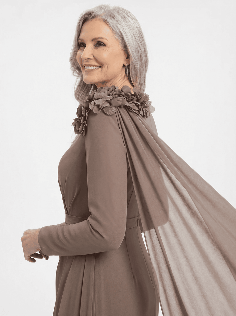 Chiffon Mother Of The Groom Dress Long Sleeves Mermaid Maxi Gown With Shoulder Flower Cape Formal Wedding Wear