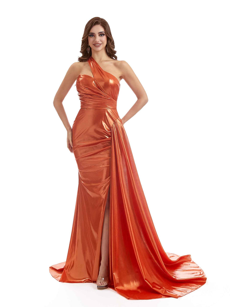 One shoulder Side Slit Sexy Mermaid Metallic Stretch Shiny Fabric Long Wedding Guest Dresses