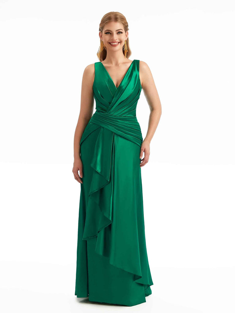 Sexy Side Split V-Neck Ruffle Stretch Satin Gown For Bridesmaids