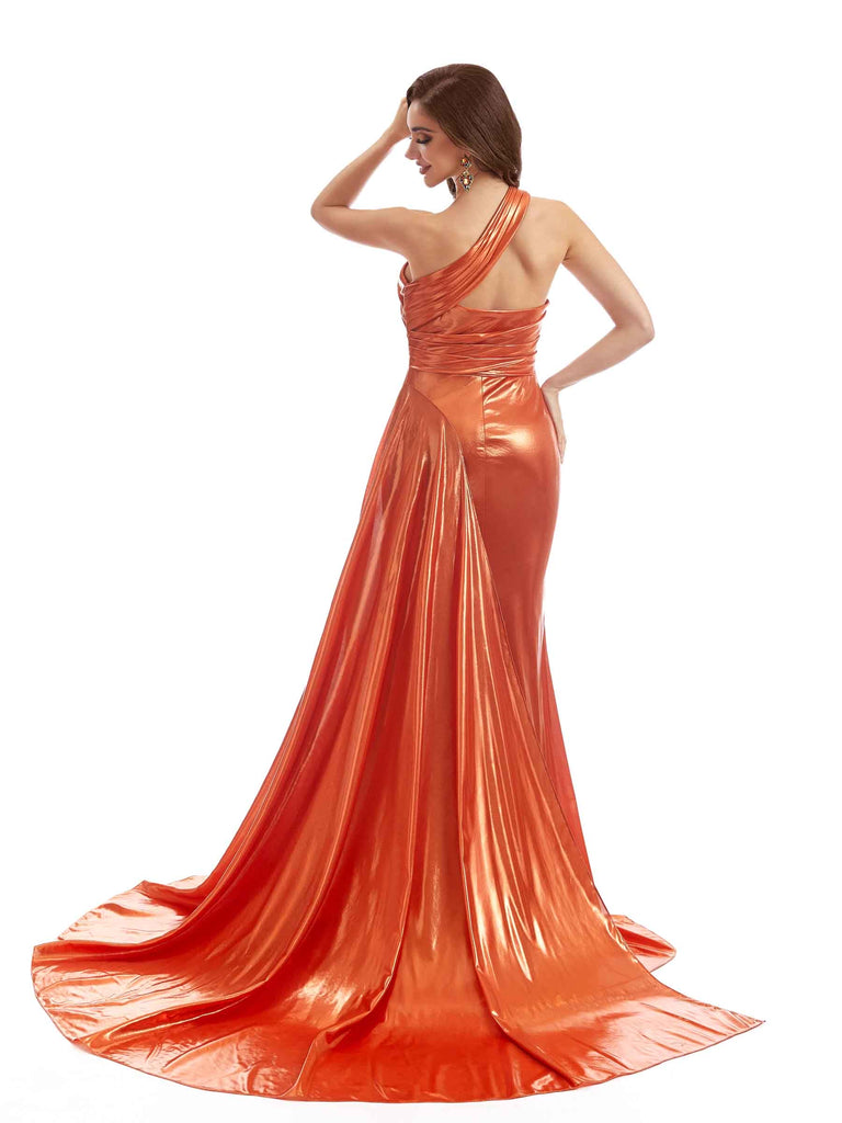 One shoulder Side Slit Sexy Mermaid Metallic Stretch Shiny Fabric Long Wedding Guest Dresses