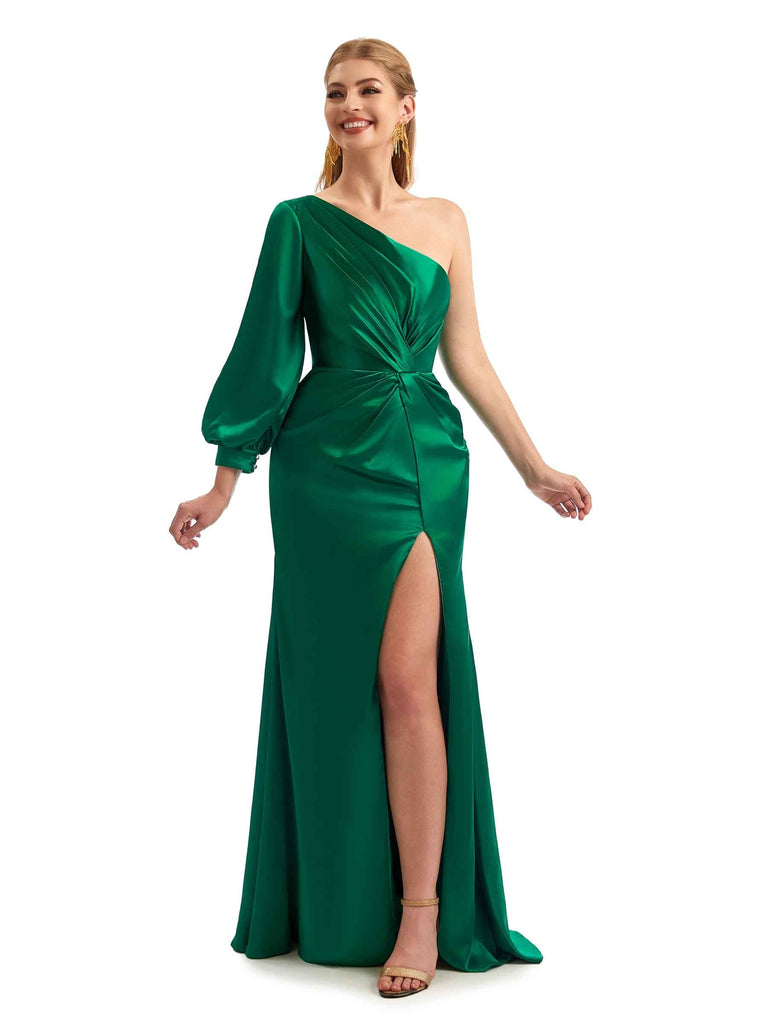 Elegant One Shoulder Long Sleeves Side Split Long Satin Bridesmaid Dresses Online