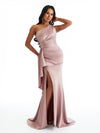 Elegant One Shoulder Side Slit Mermaid Soft Satin Long Bridesmaid Dresses