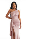 Elegant One Shoulder Side Slit Mermaid Soft Satin Long Bridesmaid Dresses