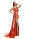 Sexy Side Split One Shoulder Metallic Stretch Shiny Fabric Long Wedding Guest Dresses