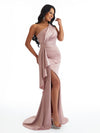 Elegant One Shoulder Side Slit Mermaid Soft Satin Long Bridesmaid Dresses