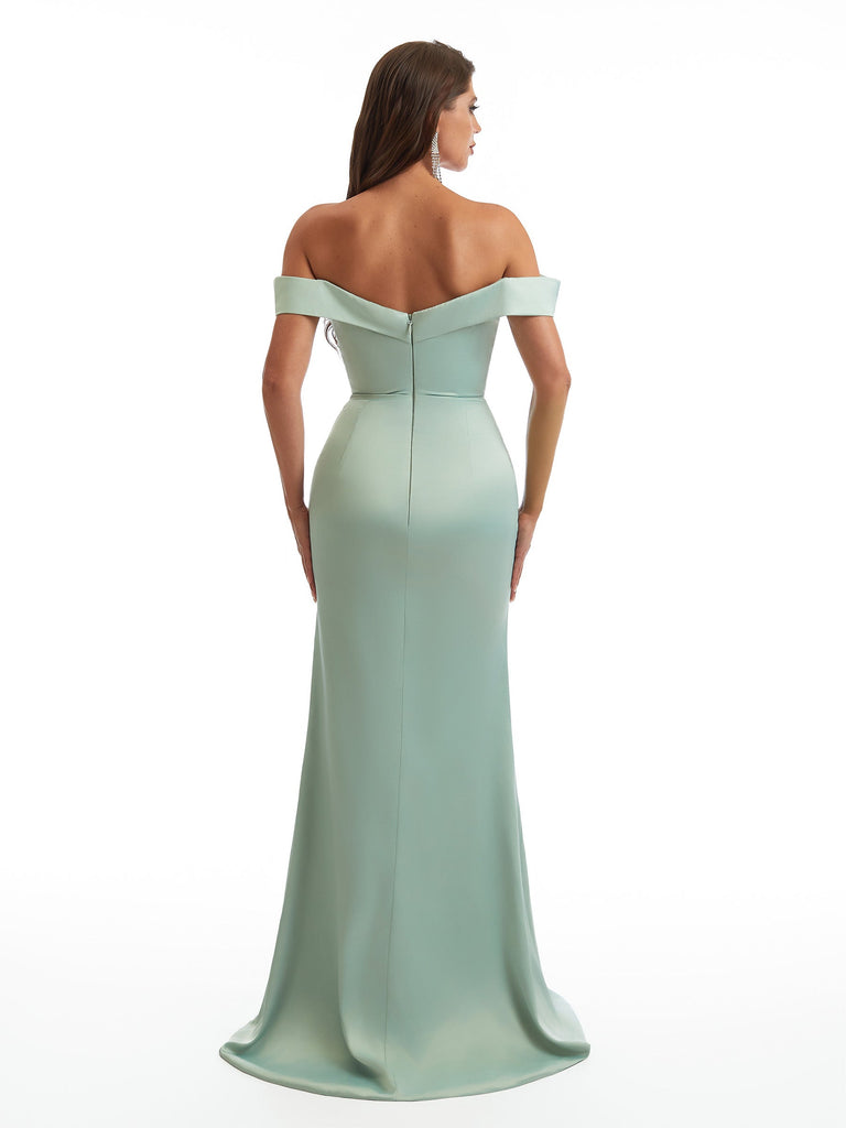 Sexy Off The Shoulder Mermaid Side Slit Soft Satin Long Bridesmaid Dresses Online