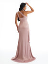 Elegant One Shoulder Side Slit Mermaid Soft Satin Long Bridesmaid Dresses