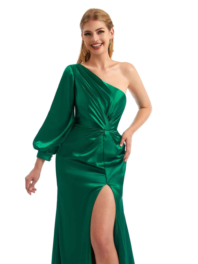 Elegant One Shoulder Long Sleeves Side Split Long Satin Bridesmaid Dresses Online