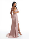 Elegant One Shoulder Side Slit Mermaid Soft Satin Long Bridesmaid Dresses