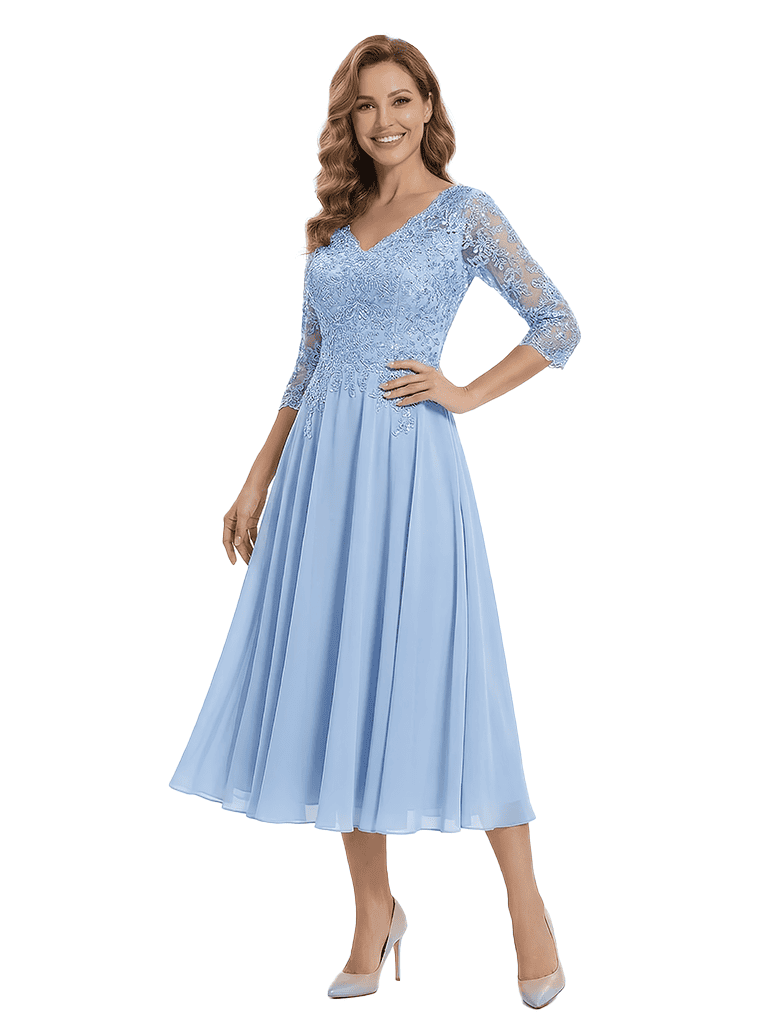Classy Tea-Length Mother Of The Bride Dress Lace With Long Sleeves Chiffon A-line Gown