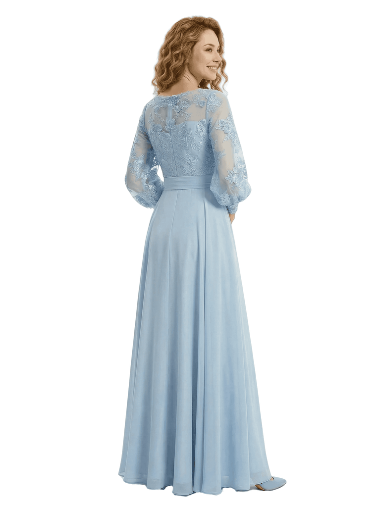 Beautiful Illusion Lace Applique Mother Of The Bride Gown A-Line Long Sleeves Chiffon Maxi Dress