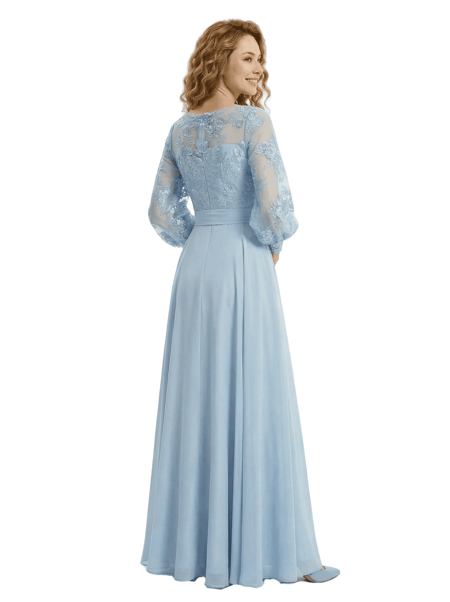 Beautiful Illusion Lace Applique Mother Of The Bride Gown A-Line Long Sleeves Chiffon Maxi Dress