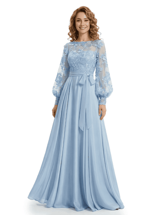 Beautiful Illusion Lace Applique Mother Of The Bride Gown A-Line Long Sleeves Chiffon Maxi Dress