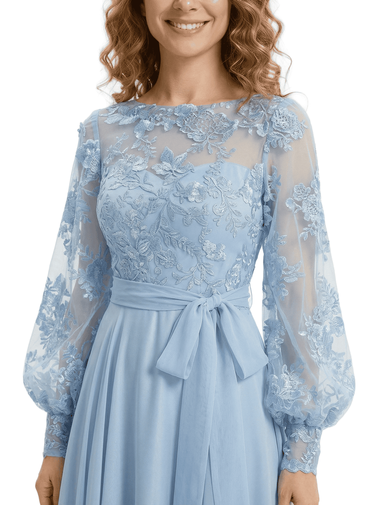 Beautiful Illusion Lace Applique Mother Of The Bride Gown A-Line Long Sleeves Chiffon Maxi Dress