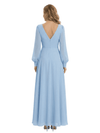 Long Sleeve Chiffon Mother of the Bride Dresses V-Neck Ruched A-Line Floor Length Formal