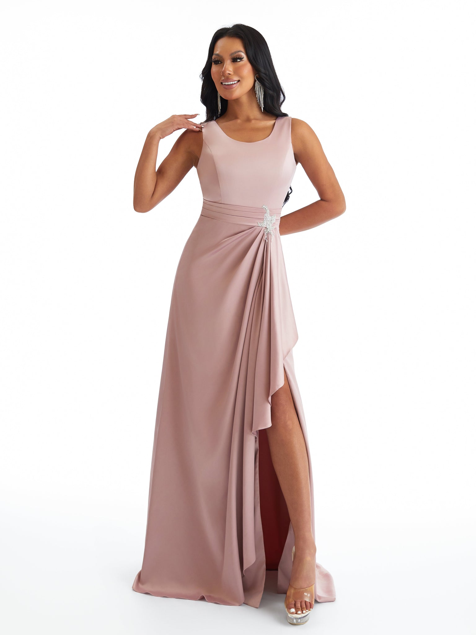 Elegant Scoop Side Slit Lace Applique A-Line Pleated Satin Pretty Long Bridesmaid Dresses