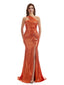 Elegant Mermaid One Shoulder Metallic Stretch Shiny Fabric Long Wedding Guest Dresses