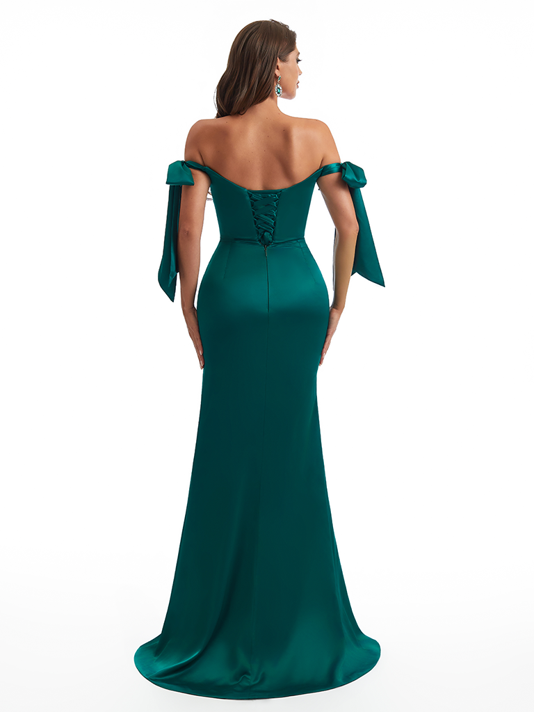Sexy Off The Shoulder Beaded Lace Mermaid Side Slit Soft Satin Unique Long Bridesmaid Dresses Online