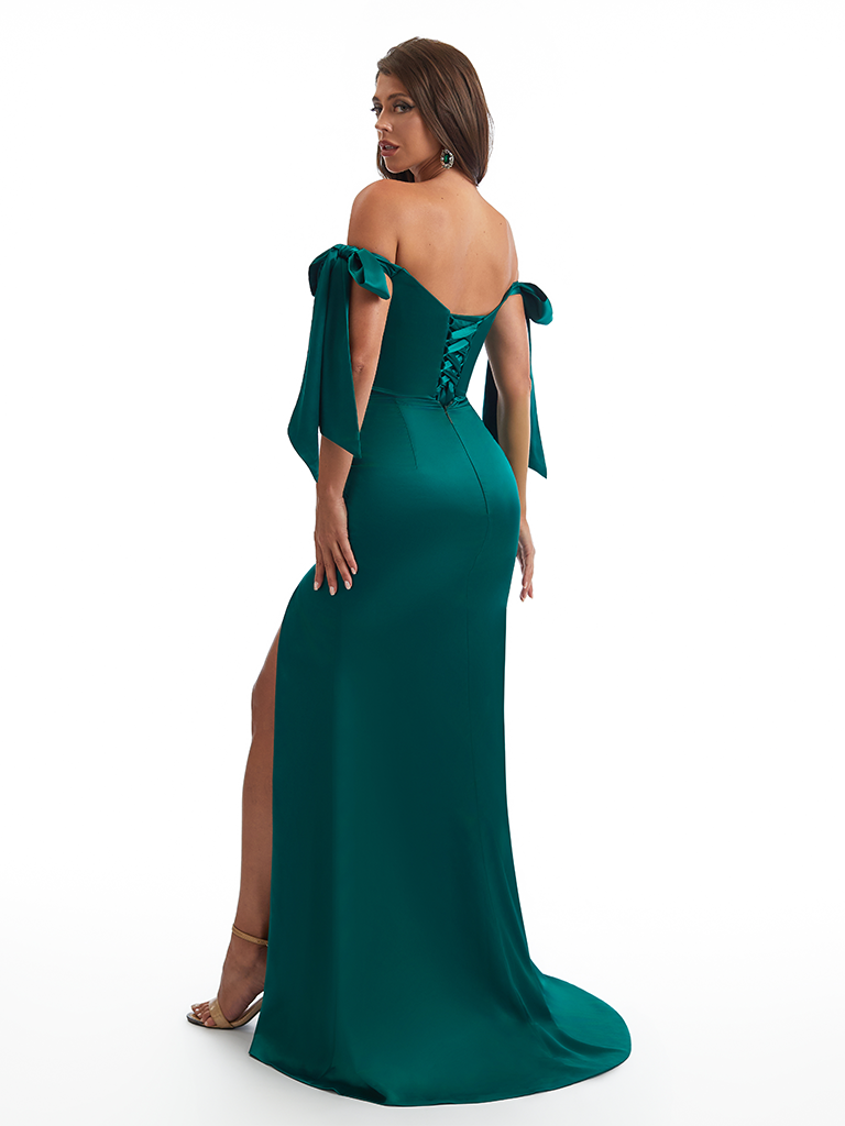 Sexy Off The Shoulder Beaded Lace Mermaid Side Slit Soft Satin Unique Long Bridesmaid Dresses Online