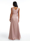 Elegant Scoop Side Slit Lace Applique A-Line Pleated Satin Pretty Long Bridesmaid Dresses