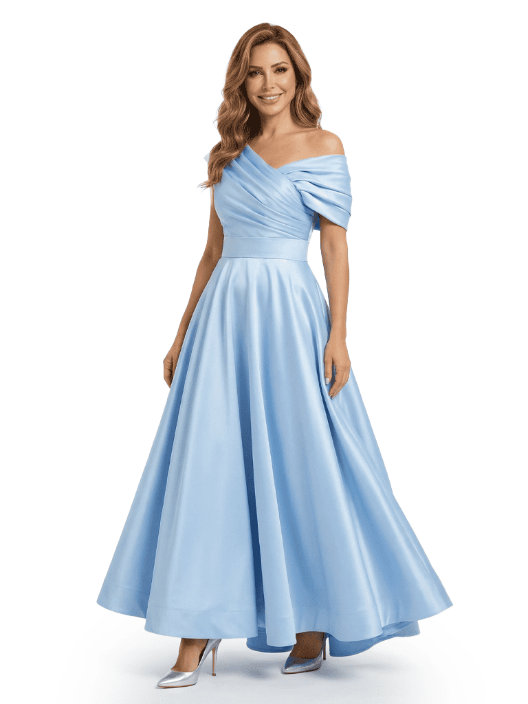 Elegant Asymmetric Straps Satin Mother Of The Groom Dress A-Line Ruched Formal Gown