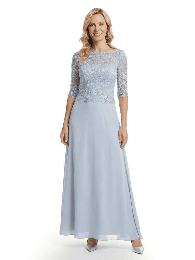 Modern Illusion Lace Applique Mother Of The Bride Gown With Lace Sleeves