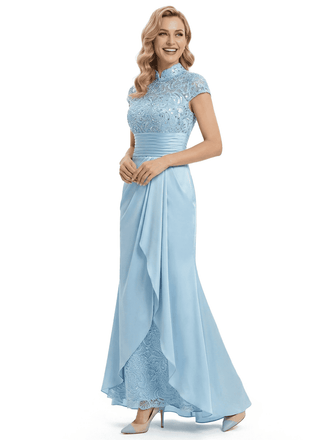 Classy Lace Mother Of The Bride Dress Floor Length Cap Sleeves High Neck Chiffon Evening Gown