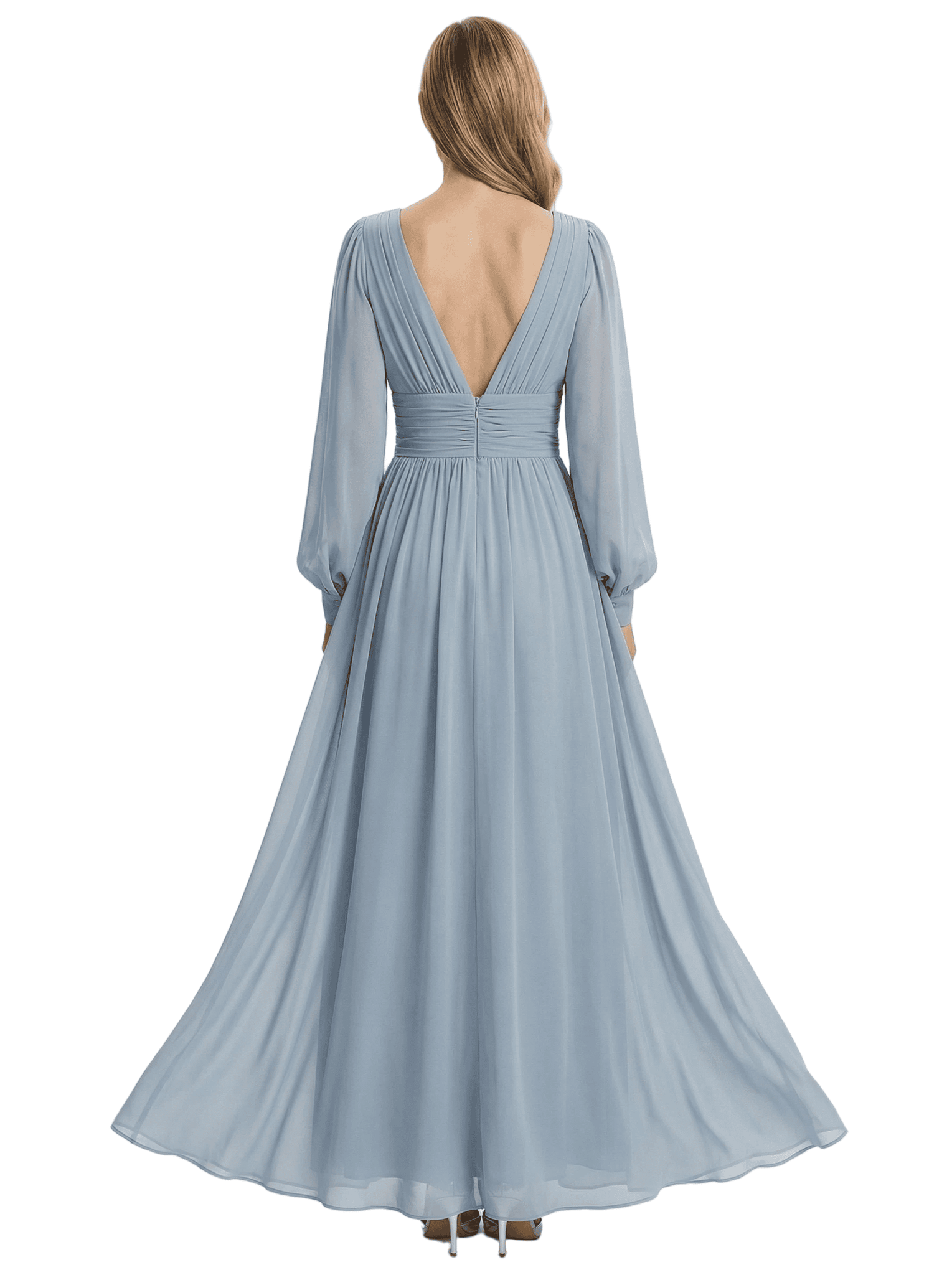 Elegant V-Neck Chiffon Mother Of The Bride Gown Pleated Long Sleeves A-Line Dress