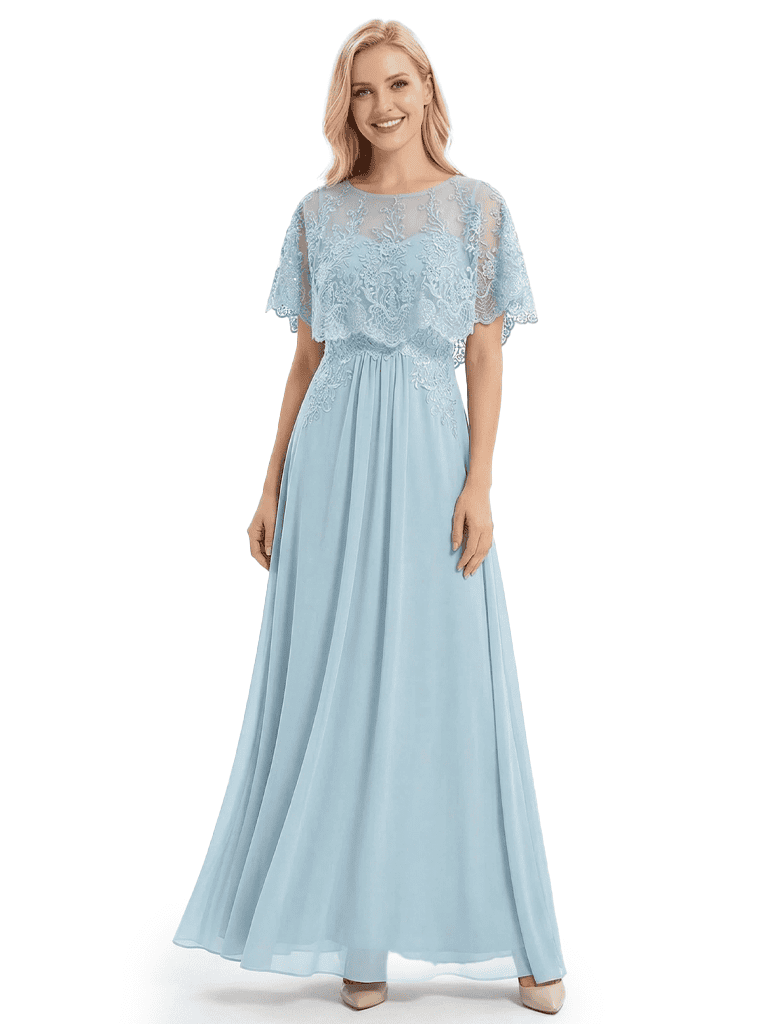 Classy Lace Capelet Mother Of The Groom Dress A-Line Chiffon Floor Length Evening Gown