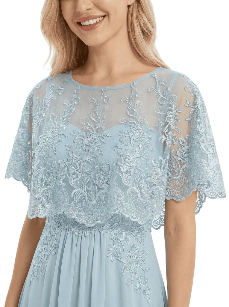 Classy Lace Capelet Mother Of The Groom Dress A-Line Chiffon Floor Length Evening Gown