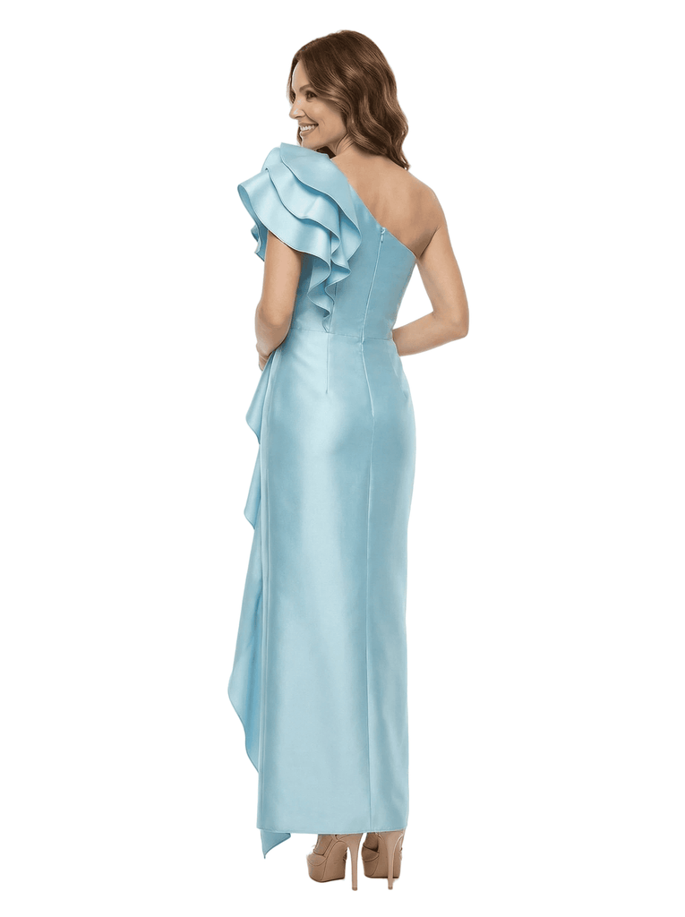 Unique One Shoulder Satin Mother Of The Groom Gown Floral Ruffle Sheath Ankle-Length Dress