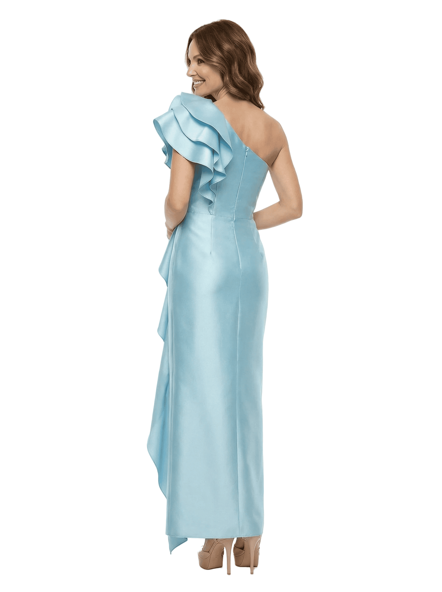 Unique One Shoulder Satin Mother Of The Groom Gown Floral Ruffle Sheath Ankle-Length Dress