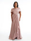 Sexy A-Line Side Slit Long Satin Formal Bridesmaid Dresses With Detachable Shawl