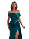 Elegant Off The Shoulder Mermaid Side Slit Soft Satin Unique Long Bridesmaid Dresses Online