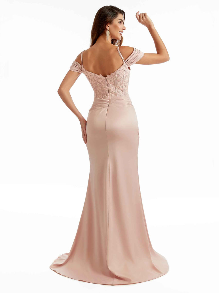 Sexy Side Split Cold Shoulder Lace Top Maxi Satin Modern Formal Bridesmaid Dresses Online