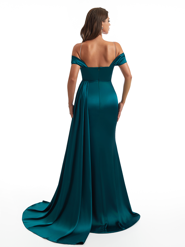 Elegant Off The Shoulder Mermaid Side Slit Soft Satin Unique Long Bridesmaid Dresses Online