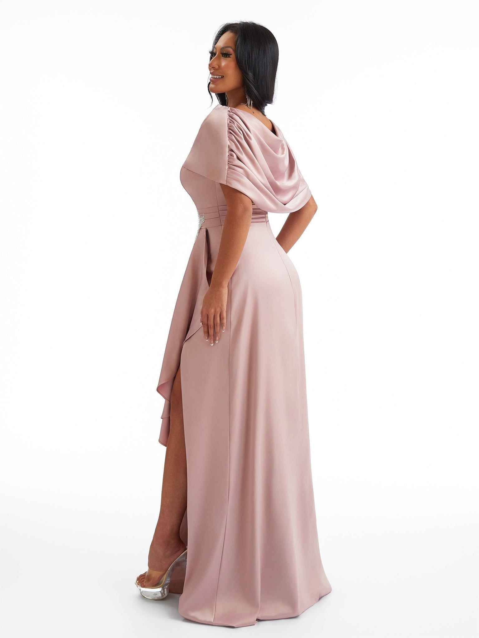 Sexy A-Line Side Slit Long Satin Formal Bridesmaid Dresses With Detachable Shawl