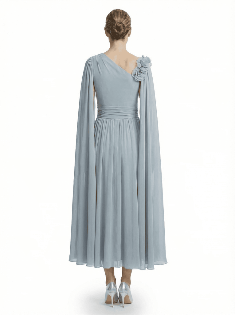 One Shoulder Chiffon Mother Of The Bride Dress Cape Sleeves Maxi Gown Formal Wedding Attire