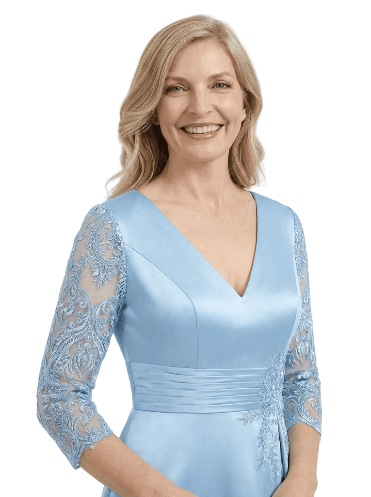 Trendy Lace Satin Mother Of The Bride Dress V-Neck Side Slit A-Line Gown