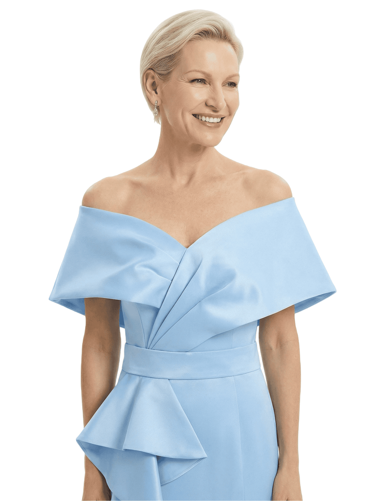 Mother of The Groom Dress Off Shoulder Mermaid Satin Floor-Length Ruffled Fancy Chic Formal Gown