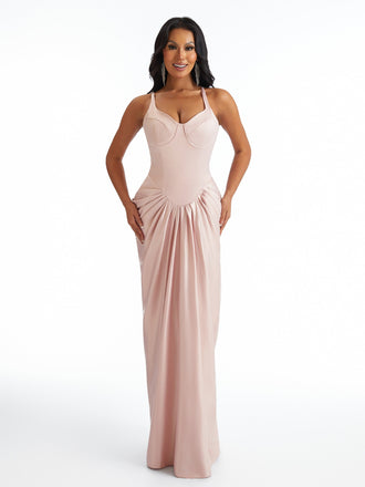 Sexy Spaghetti Straps Mermaid Pleated Satin Unique Long Bridesmaid Dresses