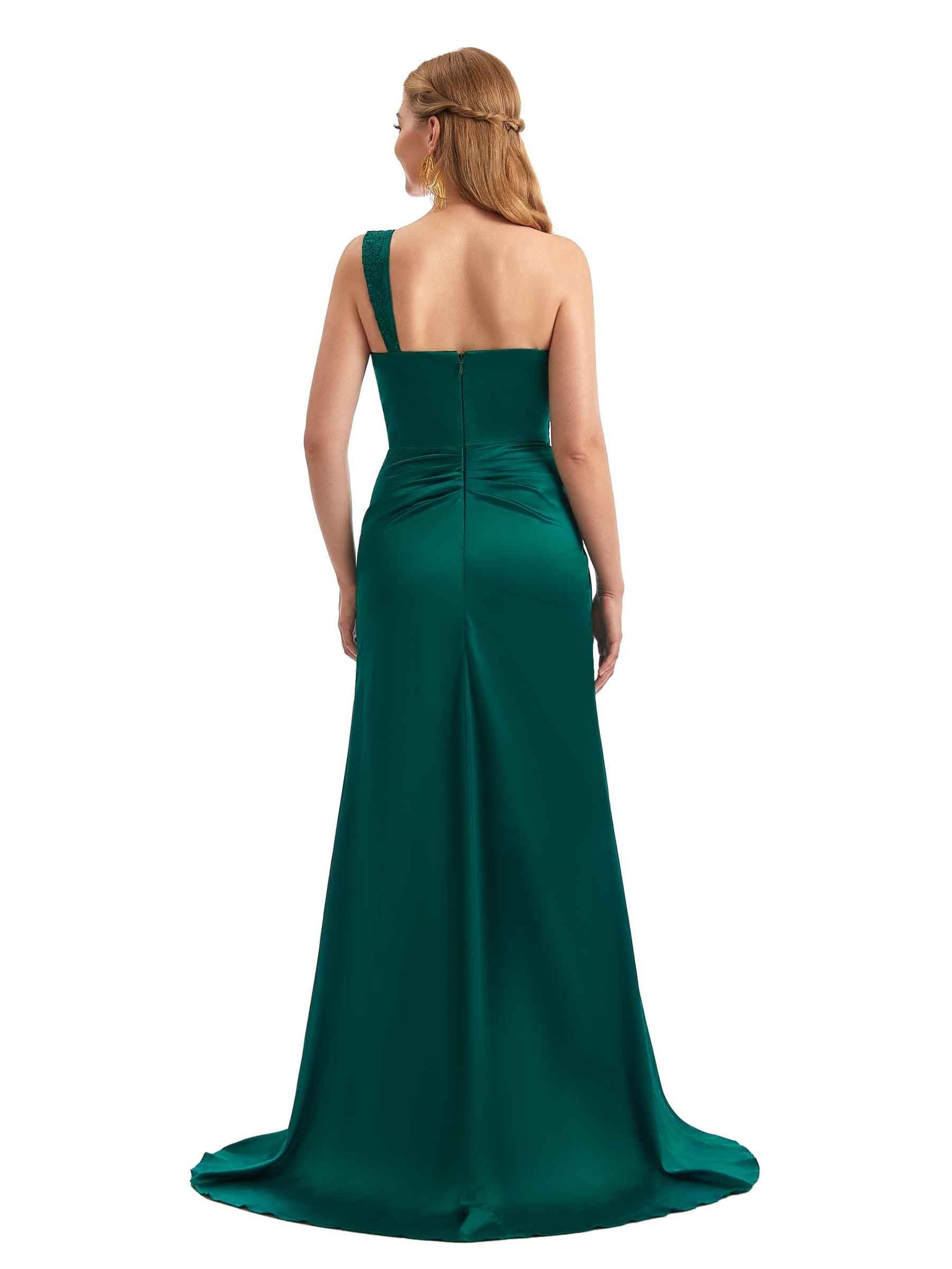 Sexy Side Slit One Shoulder Mermaid Satin Boho Long Bridesmaid Dresses Online