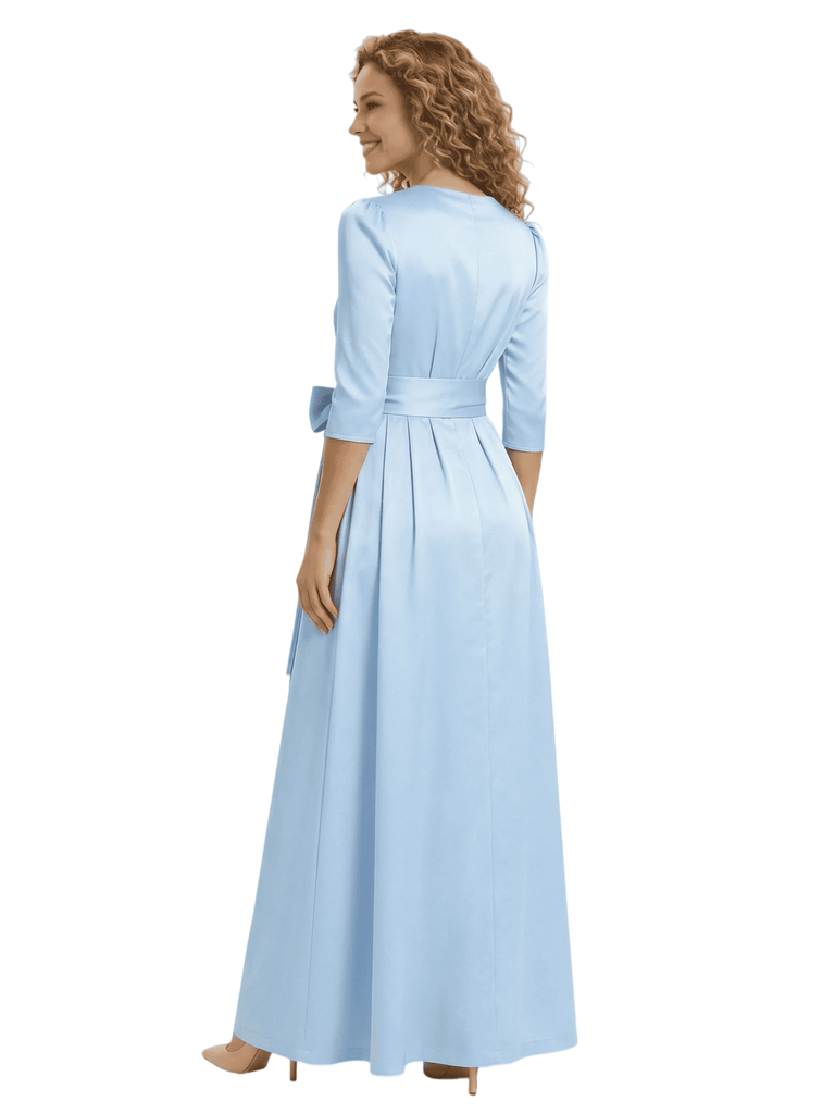 Mother of The Bride Dress V-Neck Half Sleeve Satin Floor-Length Gown with Bow Stylish Classy Wedding Guest Dress